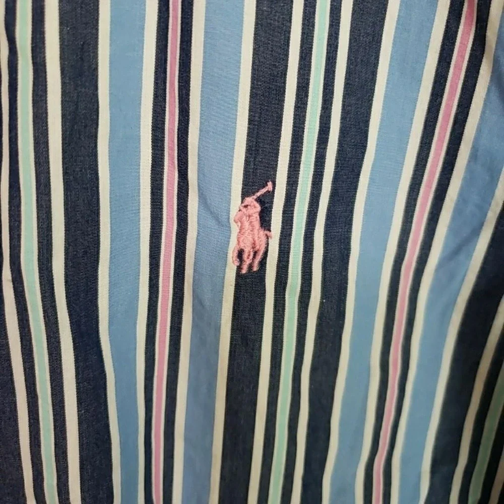 Ralph‎ Lauren Shirt Boys XL 18-20 Blue Stripe Button Down Short Sleeve Pony Logo